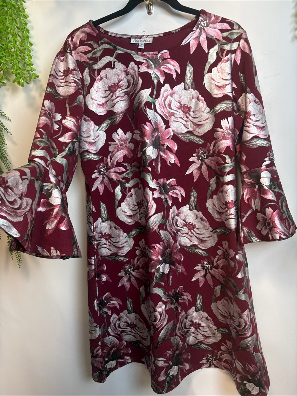 Olivia Matthews Metallic Floral Dress in Burgundy and Pink